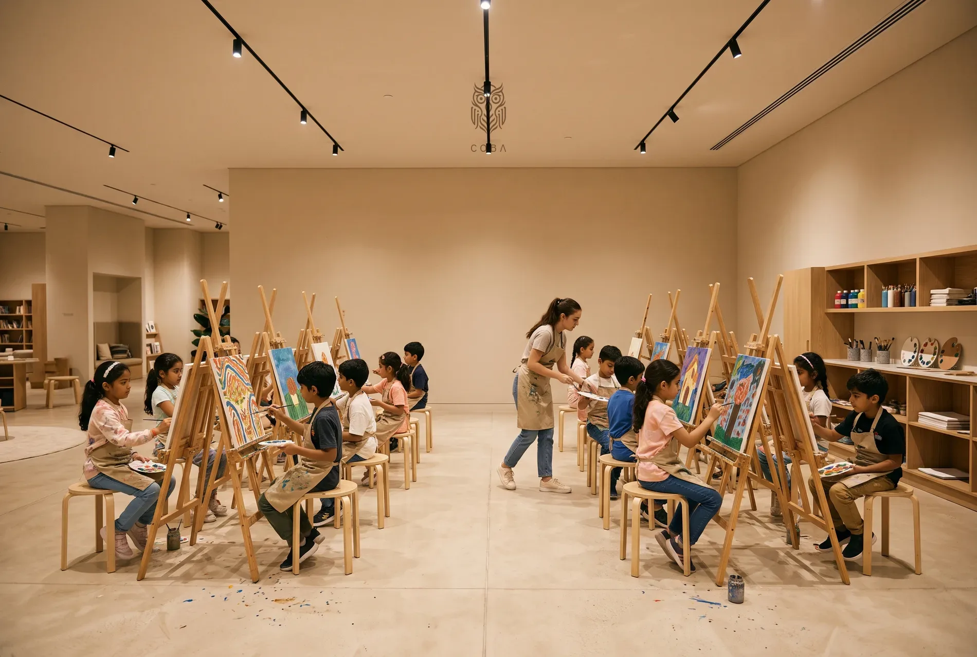 Children painting and shaping clay at the COBA children's art club, with two teachers helping.